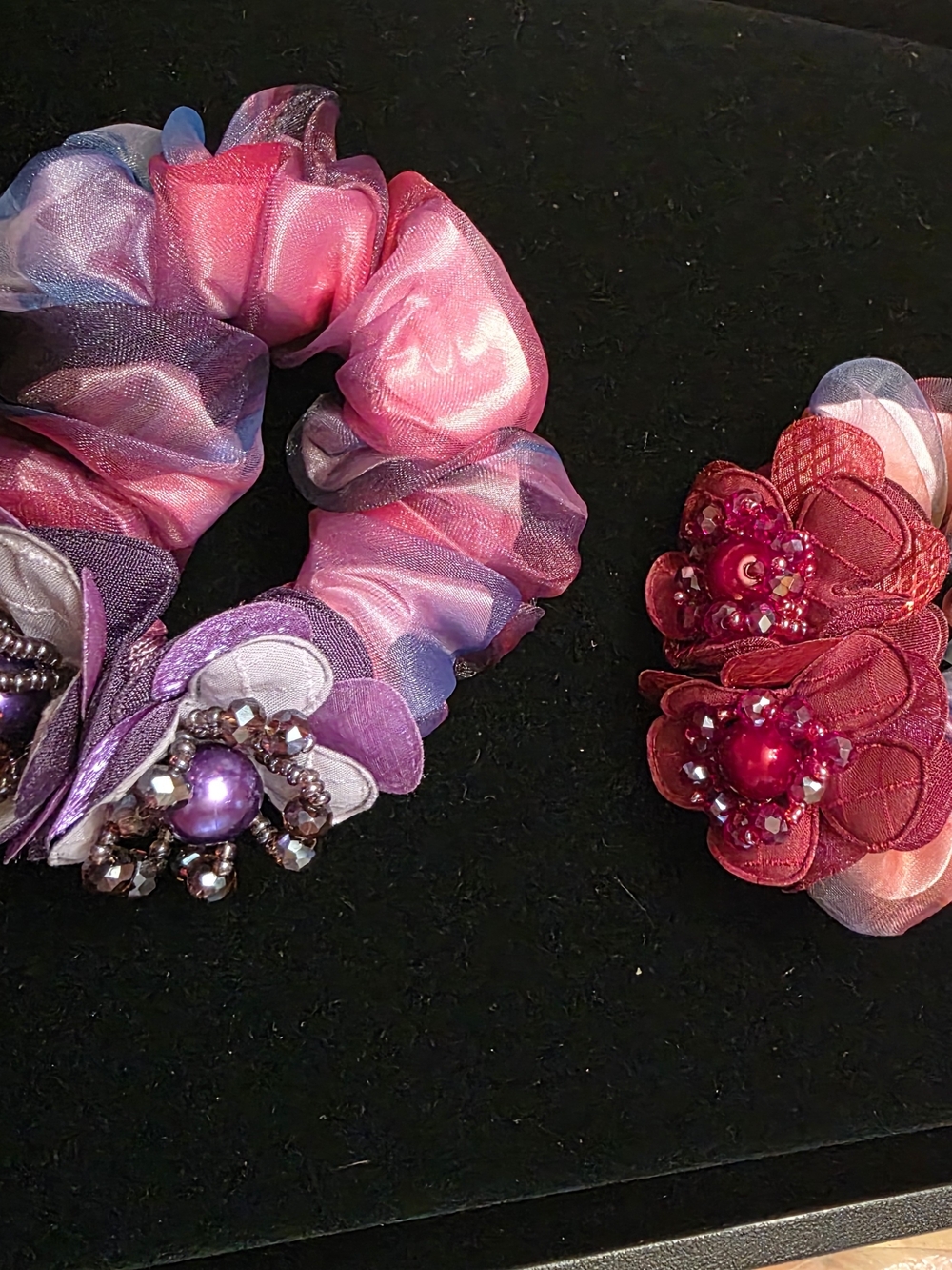 Pink and Purple Floral Beaded Scrunchie Duo - Women Accessories